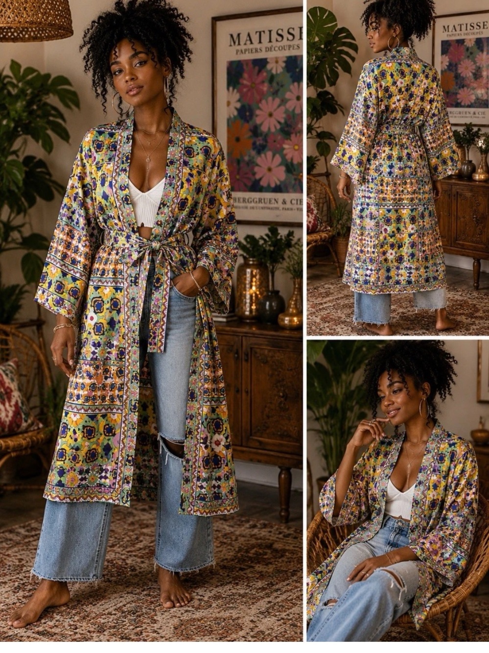 ZARA Indian Boho Floral Belted Lined Kimono Duster Lounge Robe Medium